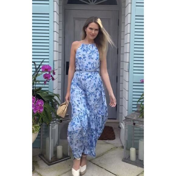 NWT Roller Rabbit Paloma Channing Blue Floral Silk Maxi Dress XS Boho Summer - Picture 2 of 14